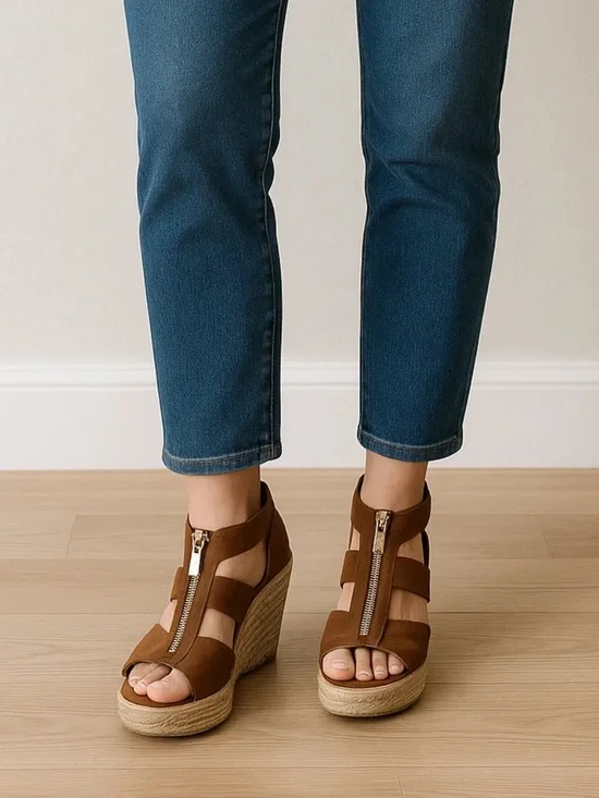 Michael Kors Damita Brown suede espadrille Wedge Sandals with Front Zipper