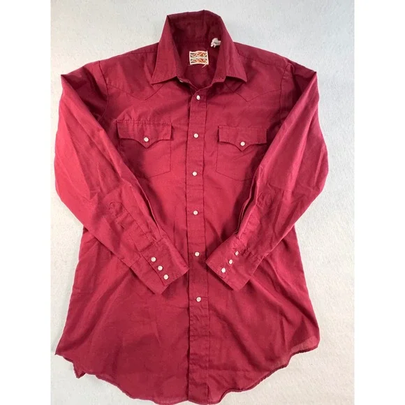 Vintage Pardners Mens Burgundy Red Western Pearl Snap Long Sleeve Shirt Korea