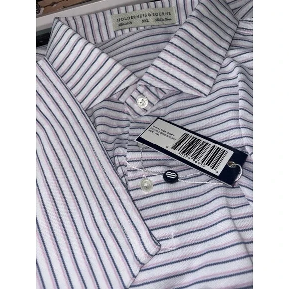 New Holderness & Bourne 2XL XXL Saxton‎ Pink Blue Striped Golf Polo Tailored Fit
