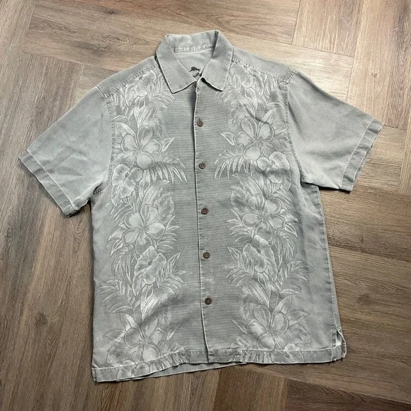 Tommy Bahama 100% Silk Floral Hibiscus Hawaiian Camp Shirt Mens Medium Gray