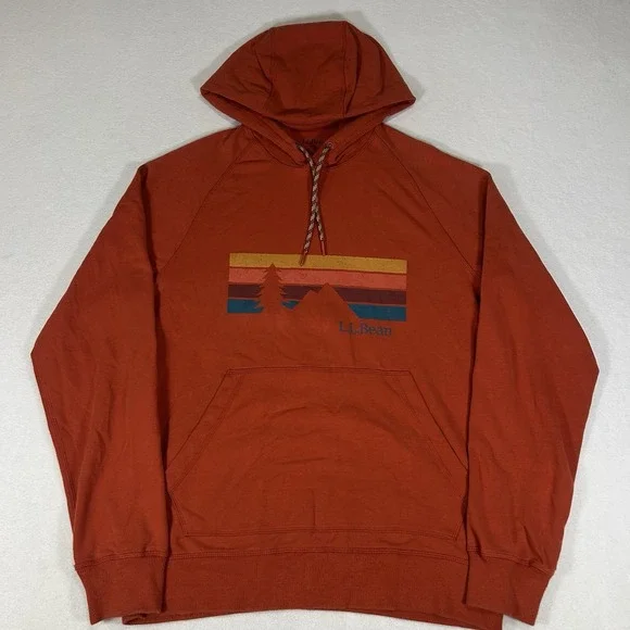L.L.‎ Bean Comfort Camp Graphic Hoodie Mens Medium Orange Stretch Sweatshirt