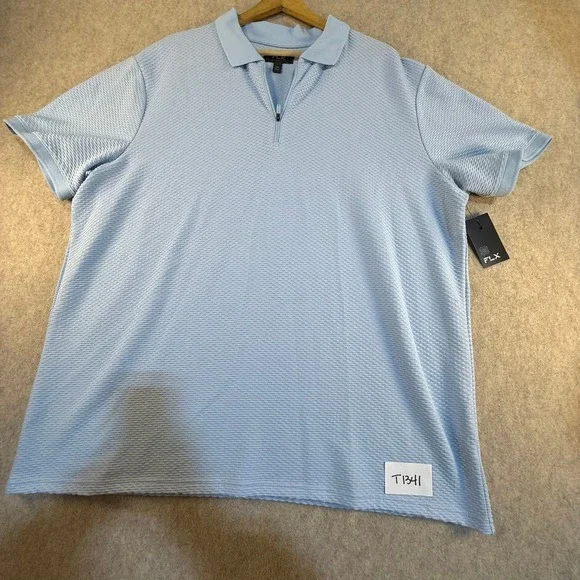 FLX Mens XXL Light Blue Textured Quarter Zip Performance Polo Shirt NWT