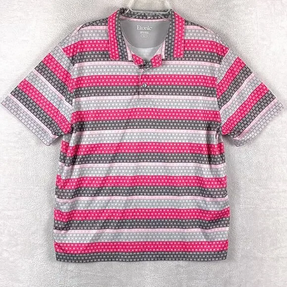 Etonic Polo Shirt Mens L Pink Gray Striped Geometric Performance Golf Preppy