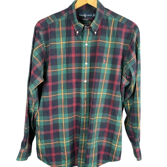 Polo Ralph Lauren Mens Large Classic Fit Plaid Button Down Shirt Green Red L