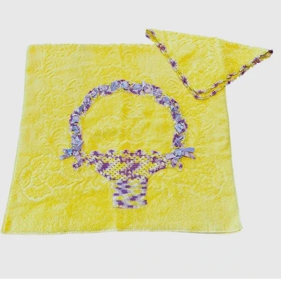 VintageCannon‎ Towel Set Yellow with Lavender Crochet Ribbon Basket Applique