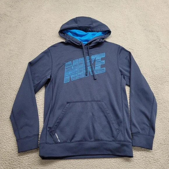 Nike Hoodie Mens Small Blue Therma-Fit Spellout Logo Pockets Casual‎ Outdoors