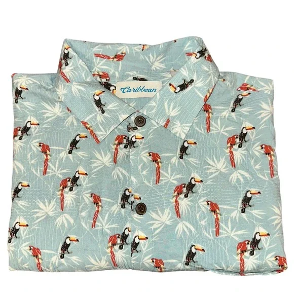 Caribbean Men's XL (Fits XXL) Blue Tropical Bird Rayon Button Down 52
