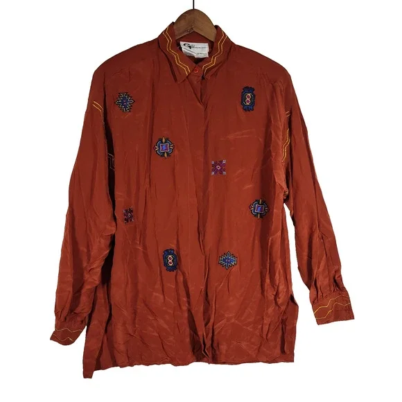 Vintage Gary Fabrikant Ltd Shirt Womens Sz 8 Red 100% Silk Embroidered Grandma