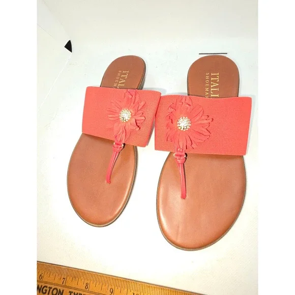 Italian Shoemakers Coral Red Floral Rhinestone Wedge Sandals Made in Italy 6.5