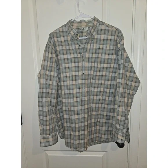 L.L. Bean Men's L Plaid Flannel Button Down Shirt Blue Green Tan Casual Outdoor‎