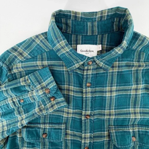Goodfellow & Co Mens Flannel Long Sleeve Button Up Shirt Green Plaid Size‎ L