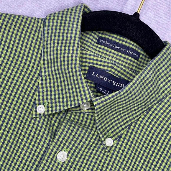Lands' End Button Down Mens 16-33 Green Gingham No Iron Pinpoint Oxford