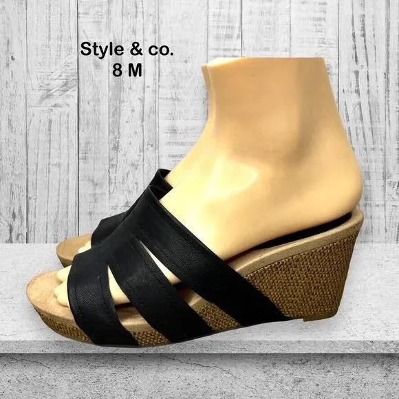 Style & Co. Black Wedge Sandals Slides Comfort Casual Shoes‎ Women's Size 8M