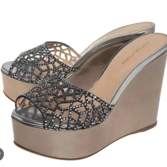 Sergio Rossi Swarovski Crystal Metallic Wedge Mules‎ Silver/Black 39.5 Italy