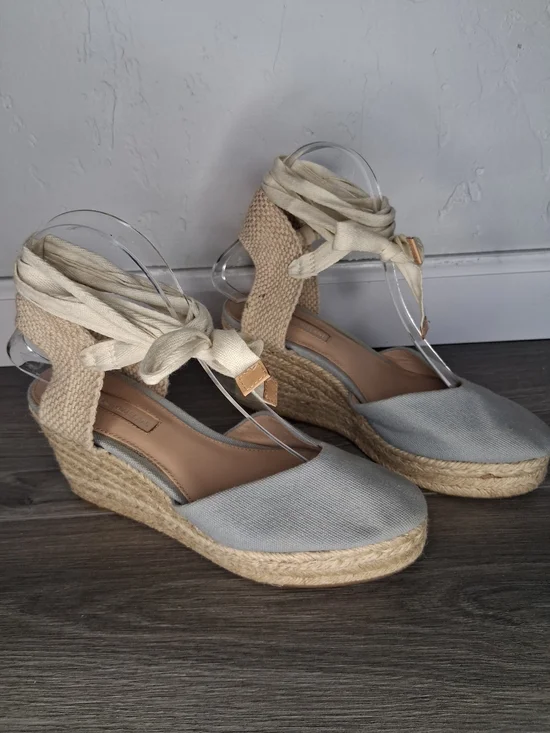 Antonio Melani Espadrille Wedge Sandals Gray Canvas Ankle Tie Lace Up Size 7.5M