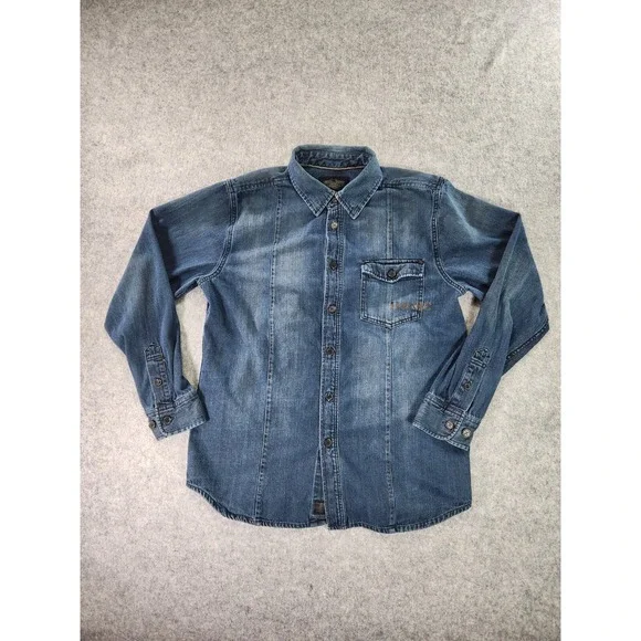 Harley‎ Davidson Shirt Mens Large Blue Long Sleeve Denim HDMC Casual Button Up