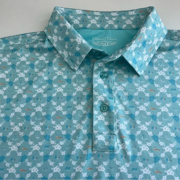 Straight Down Men’s Tropical Golf Polo Blue Orange Large short sleeve‎
