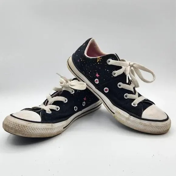 Converse All Stars Shoes Girls Size 2 Abstract Splatter‎ Stars Black Low Tops