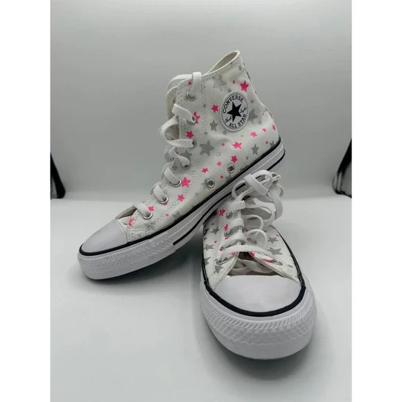 Converse Chuck Taylor All Star High Top Pink Silver Stars White A05393F Kids 5.5