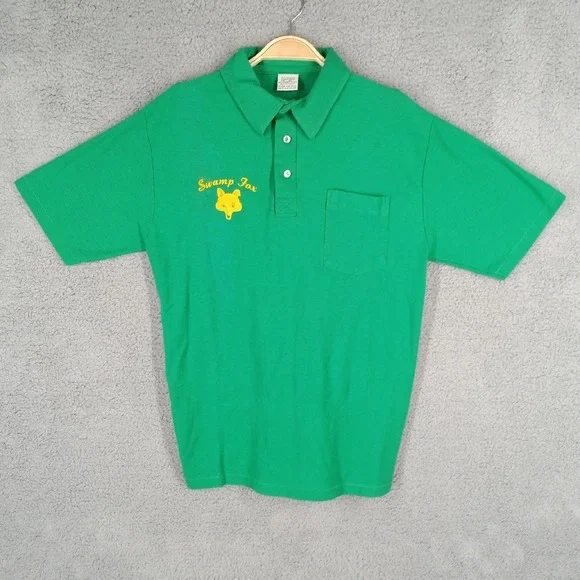 Swamp Fox Polo Shirt Vintage Pocket Short Sleeve Graphic Print Casual Mens Large