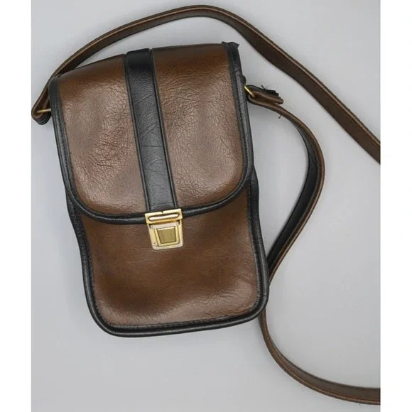 Vtg Brown & Black Embossed Vinyl Binoculars Case Shoulder Strap Brass Hrdwr 70s‎
