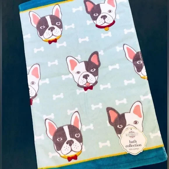 Boston Terrier Frenchie Dog Bone Print Bathroom Hand Towel