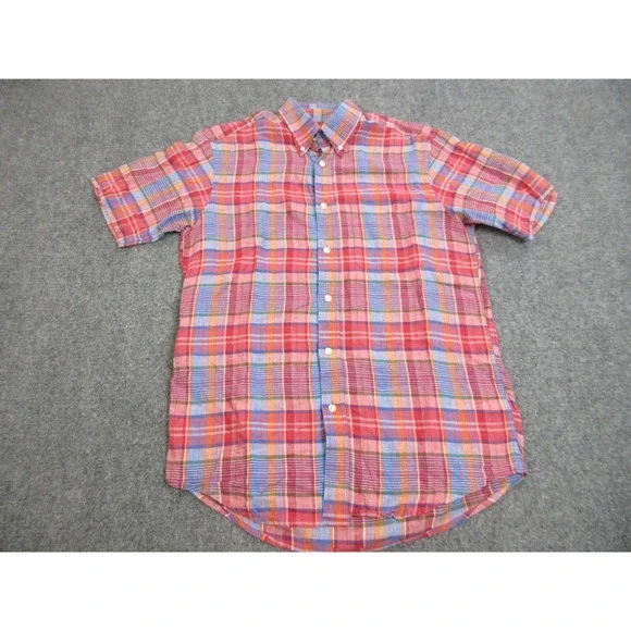 Orvis Shirt Mens Medium Red Plaid Linen Madras Button Up Casual Lightweight
