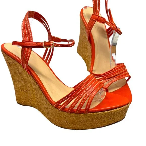 J. Crew Bette Orange Leather‎ Made in Italy Raffia High Wedge Sandals