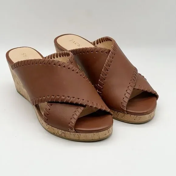 JACK ROGERS Sloane Criss Cross Mocha Leather Cork Wedge Sandals Women’s 6.5