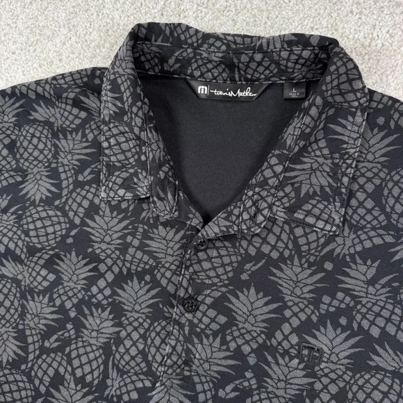 TravisMathew Polo Shirt Mens Large Black Pineapple Print Pima Cotton Blend