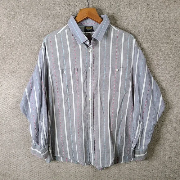 Vintage Magna Force Shirt Mens 2XL Gray Striped Long Sleeve Button Up USA Cotton