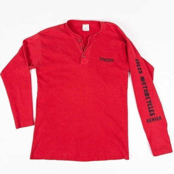 Triumph Henley Ribbed Motorcycle‎ Jersey Denver USA Made L Red Vintage 80s Isles