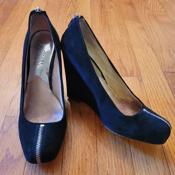 Michael Kors Black Leather‎ Suede Wedge Heels 7.5M Rock Steampunk Zippers
