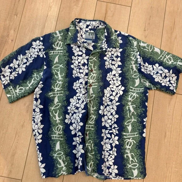 Silk Traders Hawaiian Shirt Mens Large Blue Green Floral Aloha Resort‎