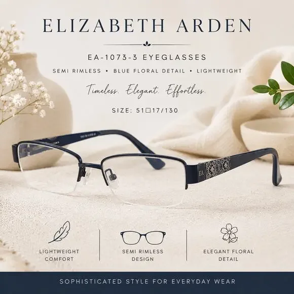 Elizabeth Arden Semi Rimless Rectangle Eyeglasses Blue Floral 51□17 Office EUC