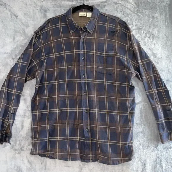 L.L. Bean Men Brown Navy Sz L Long Sleeve Button Up 100% Cotton Stretch‎ Vintage