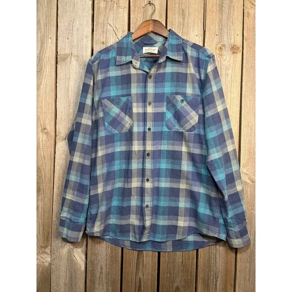 Weatherproof Vintage Mens Blue Teal Plaid Flannel Button Down Shirt Large