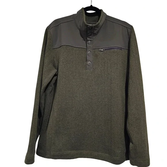 REI Men's Fleece Snap Neck Pullover Green Size L with Zipper Pocket