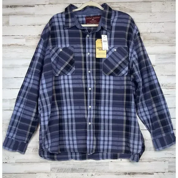 Comfort Outfitters Button Up Shirt Mens 3XL Blue Cotton Plaid Long Sleeve