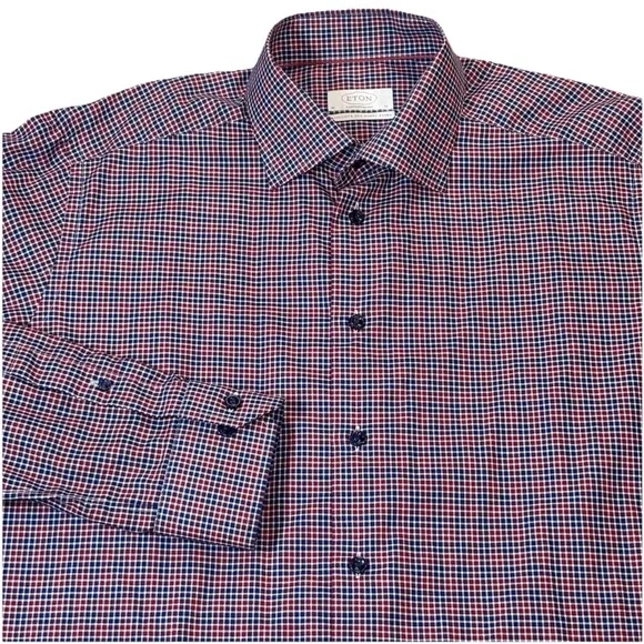Eton‎ Contemporary Button Up Shirt Men’s 41 16 Red Blue Plaid Harry Rosen