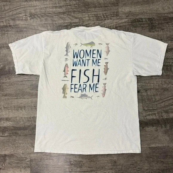 Vintage Women Want Me Fish Fear Me Fishing Humor T Shirt Comedy Bass Pro Tee XL