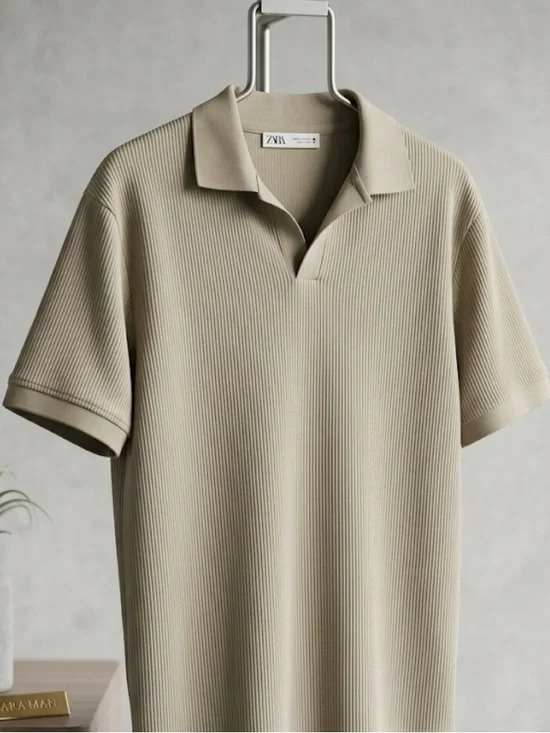 Zara Polo Ribbed Knit Short Sleeve V-Neck Casual Modern Shirt Size XL