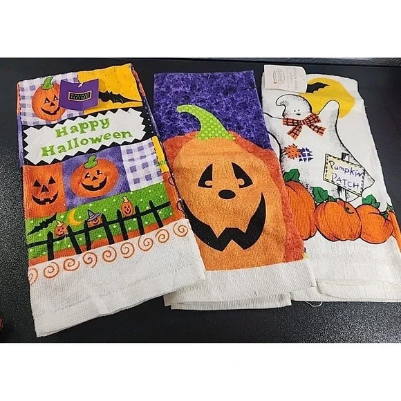 Vintage NOS Halloween Pumpkin Hand Towels X3‎