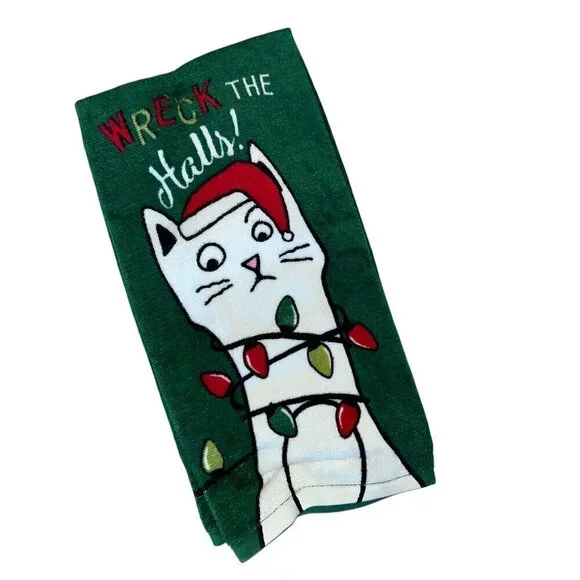 NEW RITZ Christmas Cat Wreck The Halls Kitchen Towel Bath Hand Towel Set of 2
