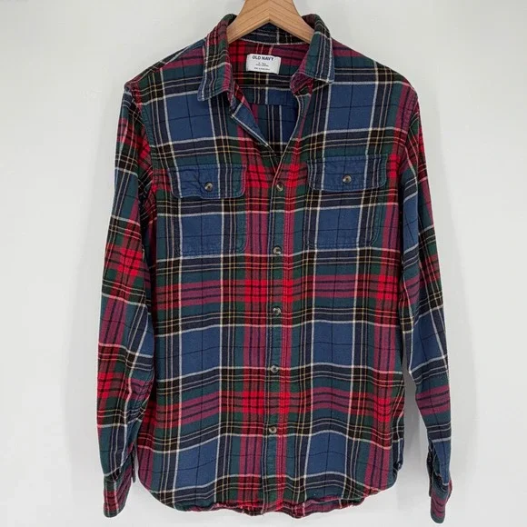 Old Navy Flannel Shirt Mens M Tall Blue Red Double-Brushed Plaid Cabincore Cozy
