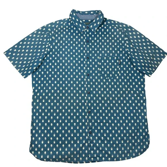Woolrich Mens Large Short Sleeve Button Up Shirt Teal Blue Arrowhead Print