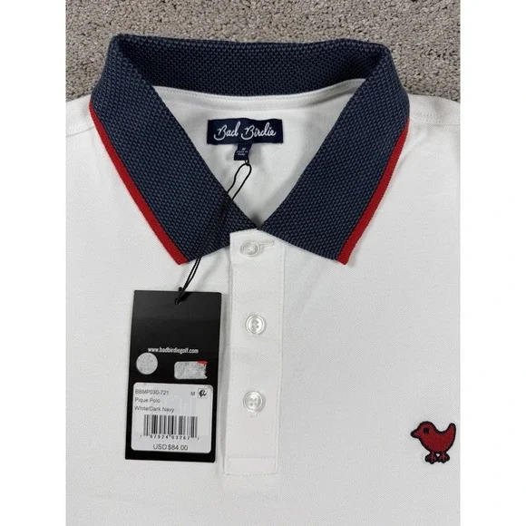 Bad‎ Birdie Men's Golf Polo Shirt, Large Med, White, Red & Blue, NWT