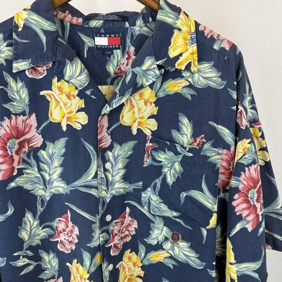 VTG Tommy Hilfiger Men's Large Hawaiian‎ Button Up Shirt Blue