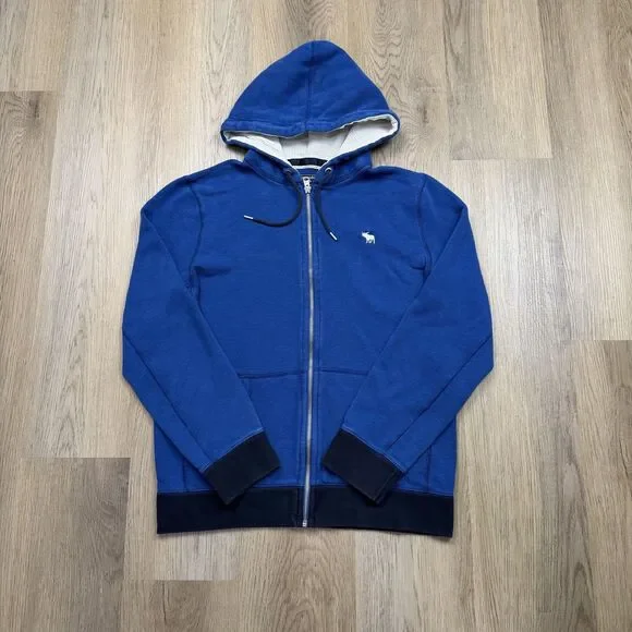 Abercrombie & Fitch Hoodie Mens Small Blue Full Zip Fleece Moose Logo Lined