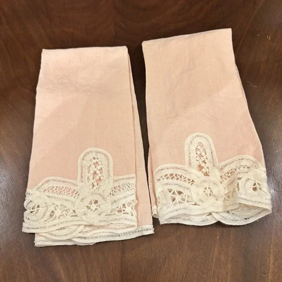 Vintage 2 Blush Pink Linen Guest Towel  Lace Cottage Shabby Chic Fingertip